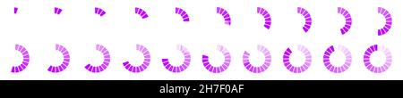 Round loading bars with segments from 1 to 20. Progress, waiting or download symbols set. Infographic animation elements for website interface isolated on white background. Vector flat illustration. Stock Vector