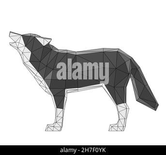 wireframe low poly howling wolf, 3d render Stock Photo