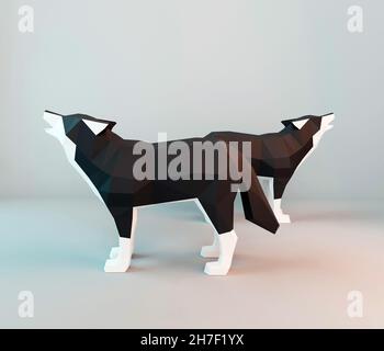 low poly howling wolves, polygonal art, 3d render Stock Photo