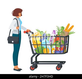 woman with shopping cart full of products Stock Vector