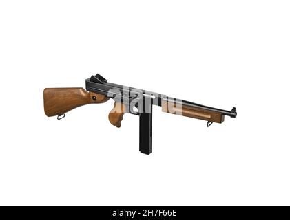 Vintage submachine gun Tommy Gun. Weapons of the army and mafia. Isolate on a white background. Stock Photo