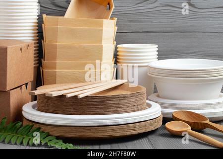 Various Eco friendly tableware made from natural, recyclable materials. Environmental protection and waste reduction concept. Stock Photo