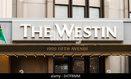 Seattle - November 21, 2021; The Westin hotel brand name in white over the address of the building on Fifth Avenue in Seattle Stock Photo
