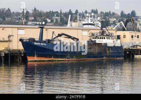 Seattle - November 21, 2021; Fishing boat Blue Attu owned by the Blue North Company docked at Pier 90 at Interbay in Seattle Stock Photo