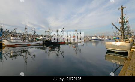 Seattle - November 21, 2021; Commercial fishing boats moored at Fishermens Terminal in Seattle.  This is a popular tourist destination Stock Photo