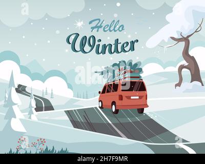 Beautiful winter landscape. Landscape with a cute van on the road with christmas tree and gigts. Xmas concept. Vector illustration in flat style. Stock Vector