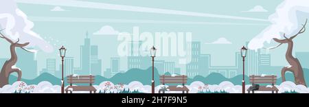 Beautiful winter panorama of the park with trees, benches, lanterns, city silhouette. Christmas concept. Vector illustration. Stock Vector