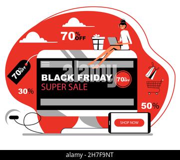Black friday. Modern flat design concept with desktop computer, smartphone and woman. Sale. Online shopping. Stock Vector