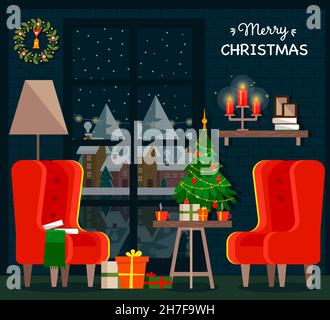 Cozy Christmas home interior. Winter window overlooking the city. Armchairs, a Christmas tree, gifts and a table with hot tea or coffee. Vector. Stock Vector