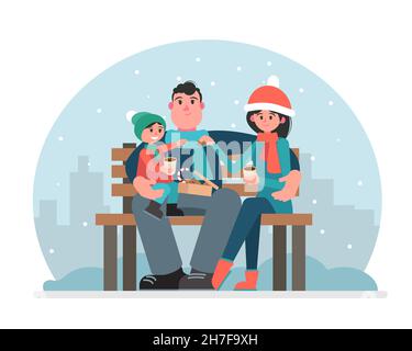 Family in the park drinking hot tea or coffee on the bench. Winter city park. Vector illustration in a flat style. Stock Vector