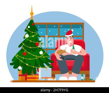 Fat man celebrates Christmas and New Year in an armchair with a Christmas tree and gifts, alcohol and a turkey. A man watches TV with pizza. Vector. Stock Vector