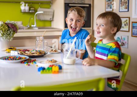 Funny male brothers eat cookies with round multi-colored sweets and drink milk. Stock Photo