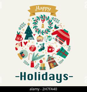 Happy Holidays greeting card. Christmas and Happy New Year concept. Festive symbols and traditions. Vector illustration in flat style. Stock Vector