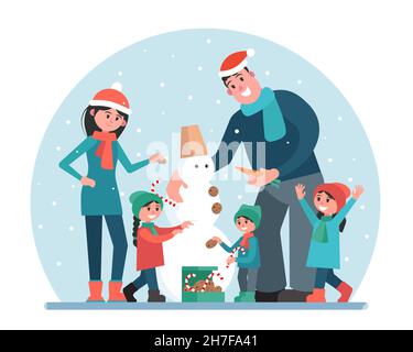 Happy family sculpt and decorate a snowman. Mom, dad, daughters and son. Parents and children outdoors in a snowfall. Vector illustration. Stock Vector