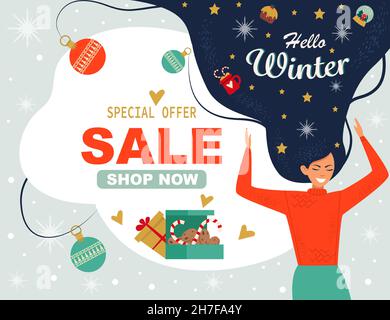 Hello winter. Winter sale. Beautiful smiling girl with an inscription in her hair. Holiday symbols. Cute background for text. Vector illustration. Stock Vector