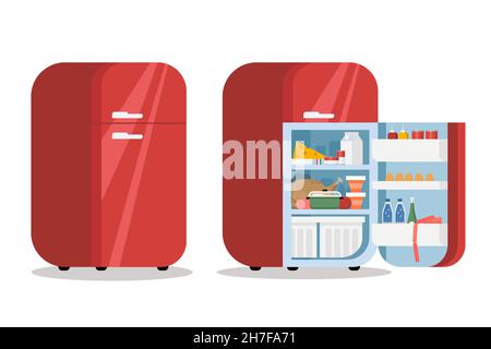 Open and close fridge. Refrigerator with food. Flat style vector illustration. Stock Vector