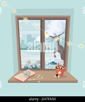 Winter window, with a book and a red cup on the sill. Cute cozy vector illustration. Stock Vector