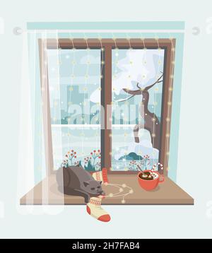 Winter window, with a cat, socks and a red cup on the sill. Cute cozy vector illustration. Stock Vector