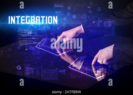 Hand touching digital table concept Stock Photo