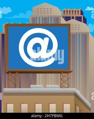 At sign, E-Mail, mail internet symbol on a billboard sign atop a brick building. Outdoor advertising in the city. Large banner on roof top of a brick Stock Vector