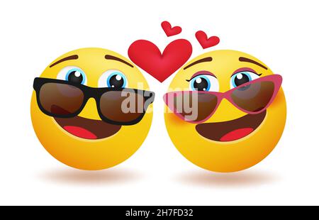 Emoji couple vector concept design. Smiley 3d inlove lovers character with eyes looking each other wearing sunglasses for smileys valentine's day. Stock Vector