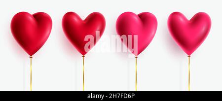 Hearts balloon element vector set. 3d heart balloons valentine collection in red and pink colors isolated in white background with gold string. Stock Vector