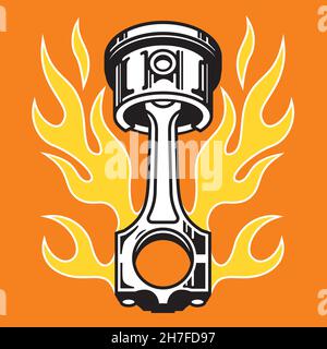 Piston with flames hot rod car part badge or emblem. Vector illustration of a piston surrounded by classic hot rod pin striping flames. Stock Vector