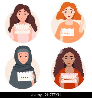 The girl looks at the calendar. Set of different ethnic beautiful girls with female menstrual cycle calendar in hands. Vector illustration. Womens Stock Vector