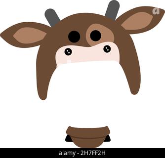 Brown cow hat with muzzle and scarf. Template or frame for head. Festive decoration for holiday and party. Vector flat illustration Stock Vector