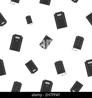 Pattern of professional uninterruptible power supply with a large number of sockets and connectors. Rear and front view. A unit with a network cable Stock Vector