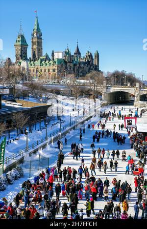 Ottawa, Canada - February 9:  People celebrate the Winterlude festival in Canada’s capital on the frozen Rideau Canal, the world’s largest outdoor ska Stock Photo