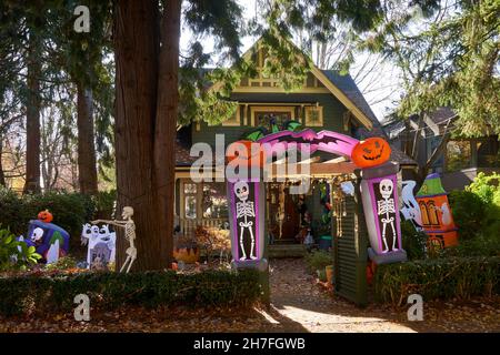 Halloween decorations in the front yard of a house Stock Photo