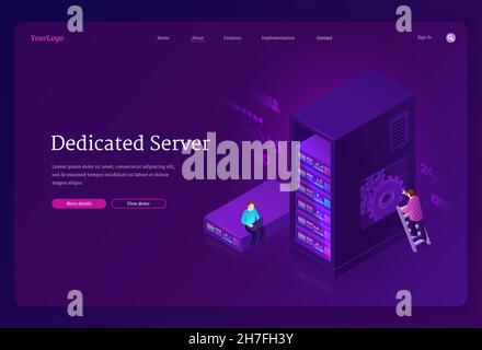 Dedicated server banner. Internet hosting service with private access to hardware, data storage and network in datacenter. Vector landing page with isometric people in data center with servers on rack Stock Vector