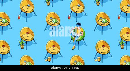 Seamless isometric pattern with man sitting on armchair work on laptop and vacant chairs around on blue background. Freelancer, programmer, coder or analyst working, 3d Vector lina art Illustration Stock Vector