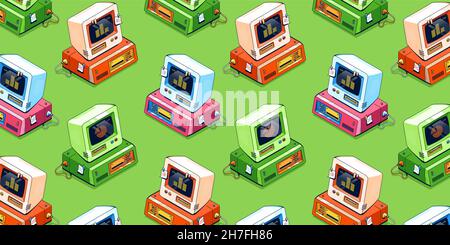 Vintage computers, old desktop pc with monitor and floppy disk drive. Vector illustration with isometric colored retro personal computers for home and office on green background Stock Vector