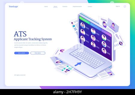 ATS, applicant tracking system isometric landing page. Business concept with candidates profiles on laptop screen. Files and cv information organization for hiring and recruitment 3d vector web banner Stock Vector