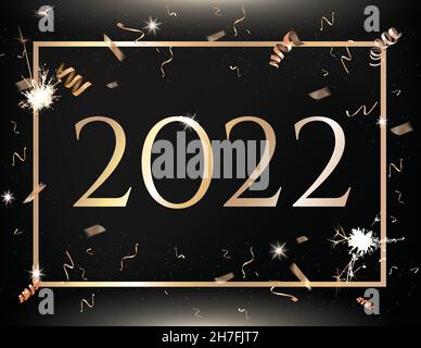 The vector black, gold New Year, Christmas Eve party countdown celebration background with golden confetti, border Stock Vector