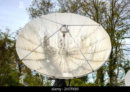 Close up view of a large weathered parabolic telecommunications antenna or dish outdoors in a wooded park Stock Photo