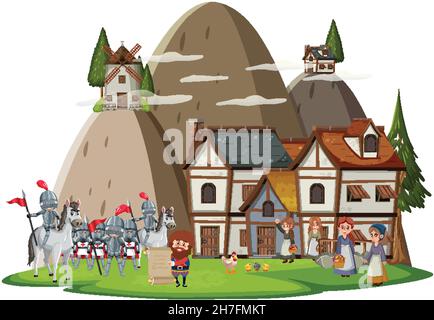 Medieval village with villagers on white background illustration Stock Vector