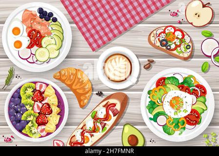 Different plates of food on the table  illustration Stock Vector