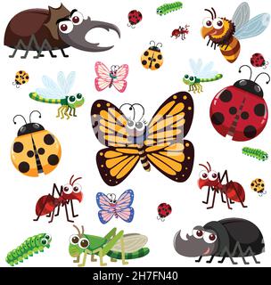 Seamless pattern with many different beetles character on white background illustration Stock Vector