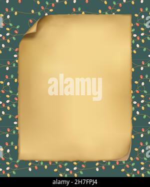 Holiday Christmas lights border with parchment paper. Space for text and copy. Vector illustration. Subtle colors. Stock Vector