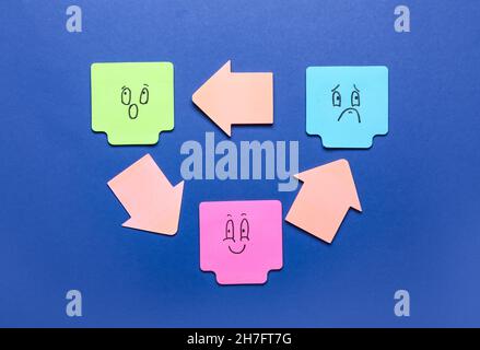 Creative composition with sticky note papers on blue background Stock Photo