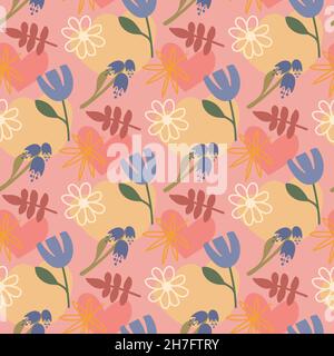 Seamless pattern fancy pink floral background wallpaper textile design, bell flower chamomile leaf Stock Vector