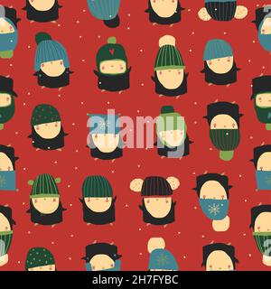 Seamless Pattern with Funny Penguins wearing Cute Hats Stock Vector