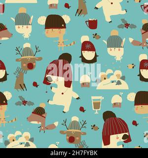 Seamless Pattern with Animals celebrating Winter Holidays Stock Vector