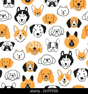 Dog faces seamless pattern. Hand drawn heads of different dog breed. Corgi, Pug, Chihuahua, Pomeranian, Spaniel, Husky and Dachshund. Hand drawn Stock Vector