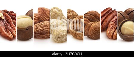 Nuts collage isolated on white background with copy space Stock Photo