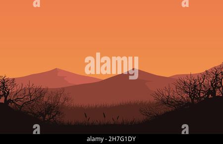 Fantastic mountain views with dry tree silhouettes from the outskirts of the city at dusk. Vector illustration of a city Stock Vector