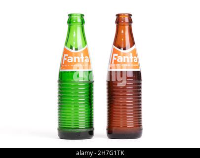 Leeuwarden, the Netherlands on november 22, 2021: Retro glass bottle of Fanta brand (1971) Stock Photo